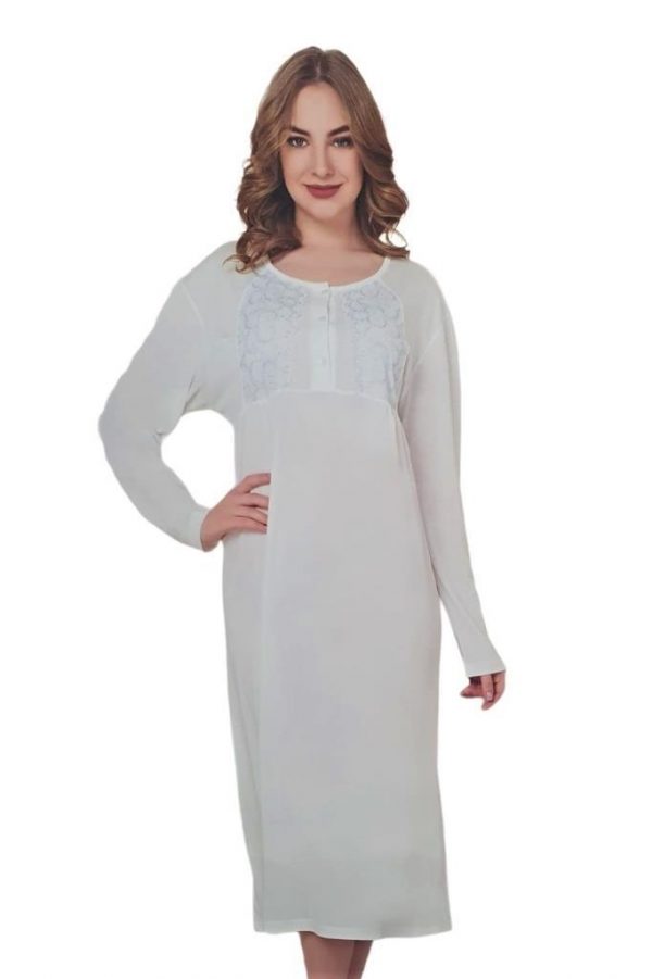 FLZ Dantel Detaylı Patlı Düğmeli Uzun Kol Bayan Gecelik