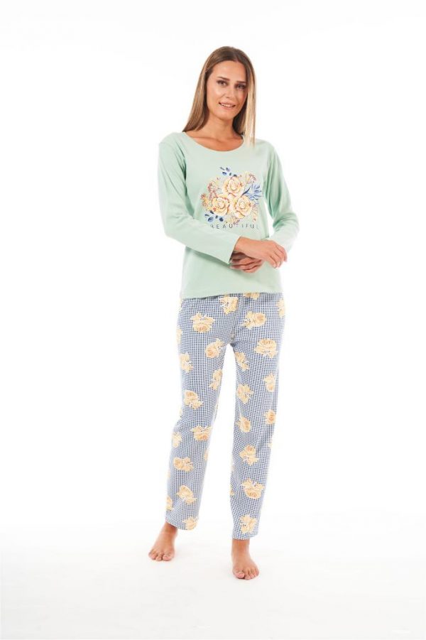 Estiva Patlı Yaka Desenli Uzun Kol Bayan Pijama Takım