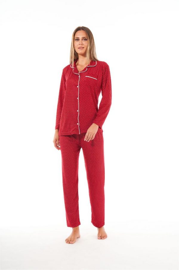 Estiva Puantiye Desen Boydan Düğmeli Süet Bayan Pijama Takım