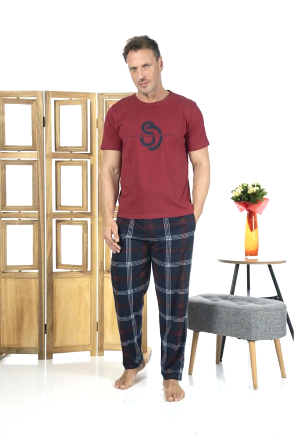 Estiva Patlı Pamuklu Kısa Kol Ekose Kareli Erkek Pijama Takım