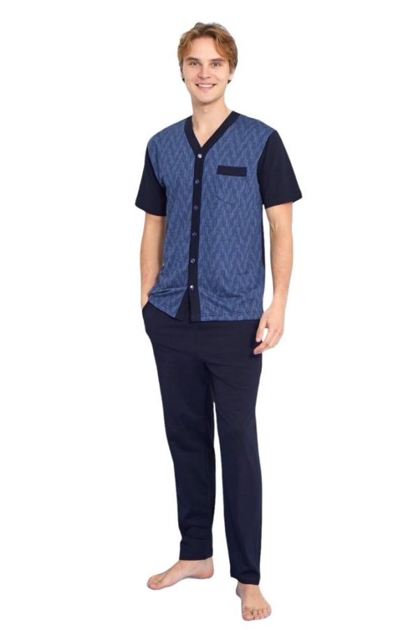 Kly Jakarlı Kısa Kol Önden Düğmeli Gömlek Erkek Pijama Takım