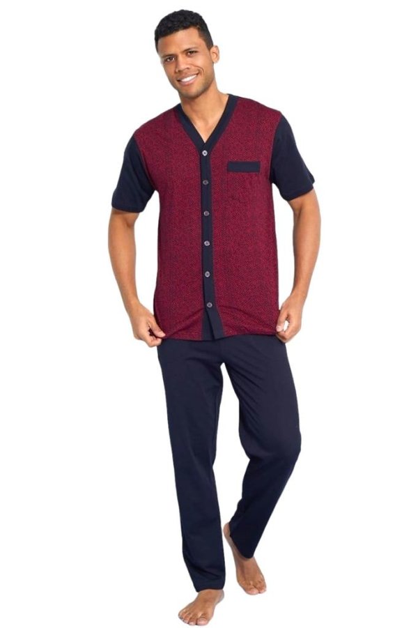 Kly Jakarlı Kısa Kol Önden Düğmeli Gömlek Erkek Pijama Takım