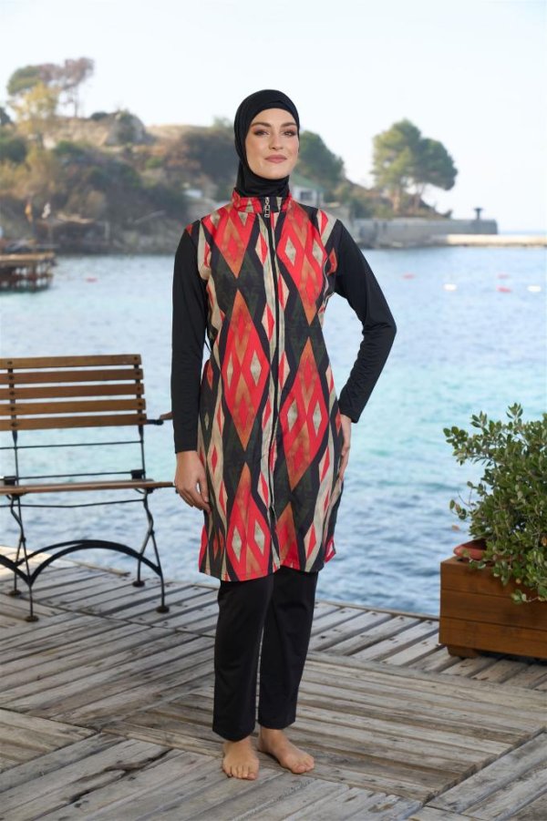 Estiva Dijital Baskılı Fermuarlı Tam Kapalı Tesettür Mayo