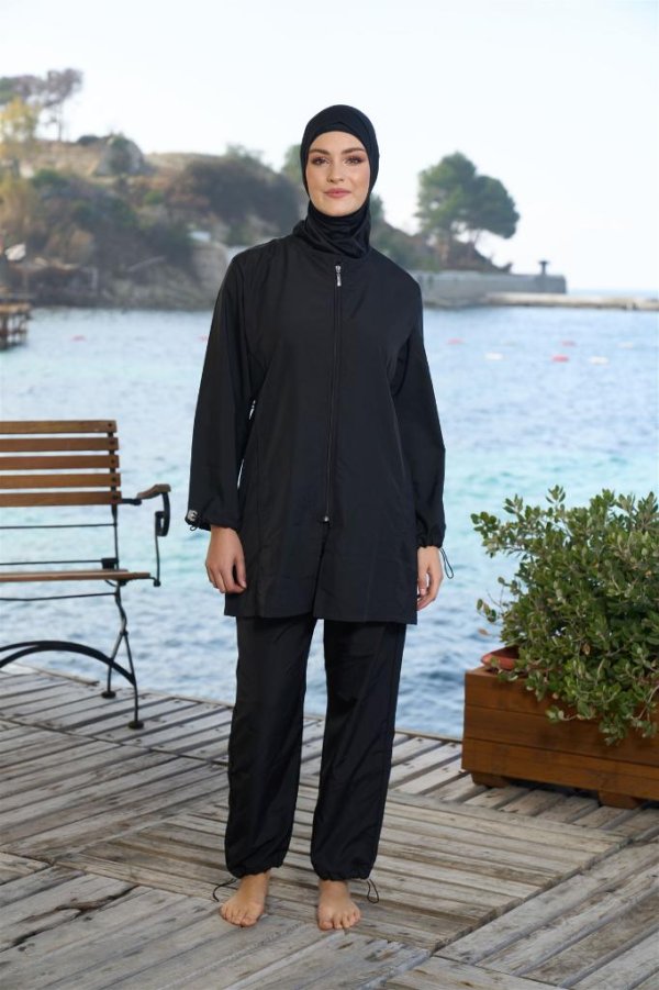 Estiva Düz Kol Paça Lastikli Fermuarlı Tam Kapalı Tesettür Mayo