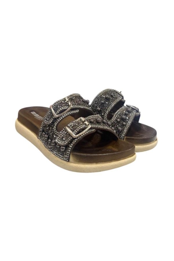 Esem Taş Boncuk İşlemeli Çift Bantlı Anatomik Taban Bayan Terlik