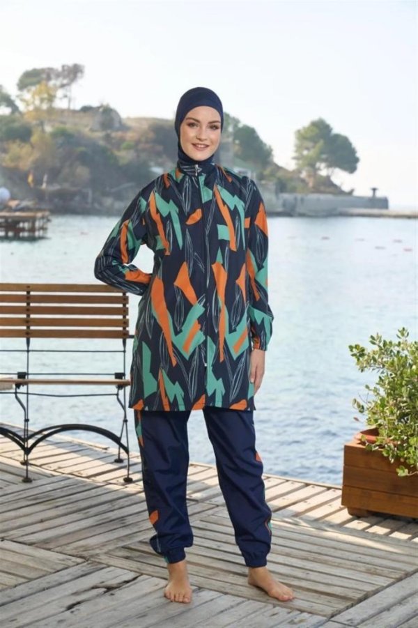 Estiva Düz Kol Paça Lastikli Fermuarlı Tam Kapalı Tesettür Mayo