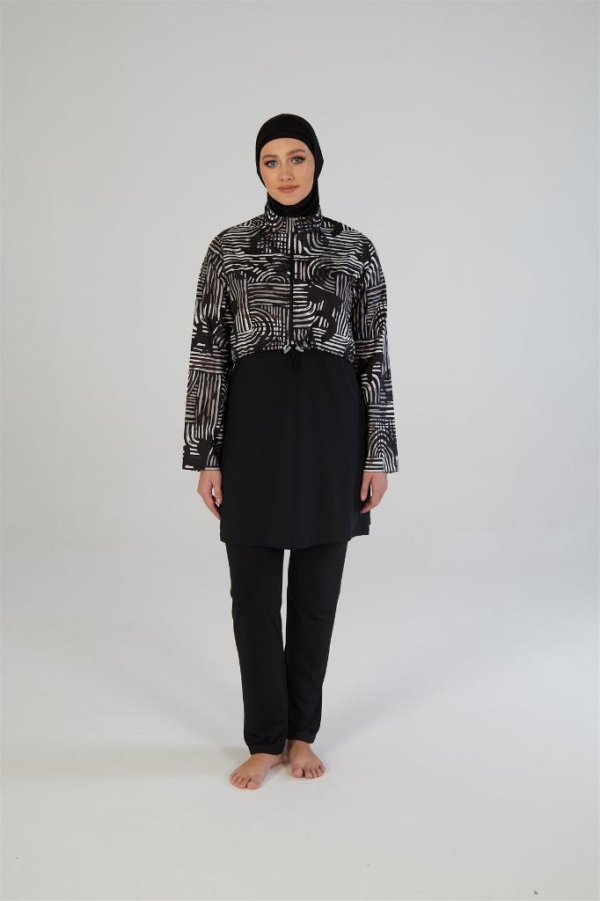 Estiva Dijital Baskı Croplu Dokuma Tam Kapalı Tesettür Mayo